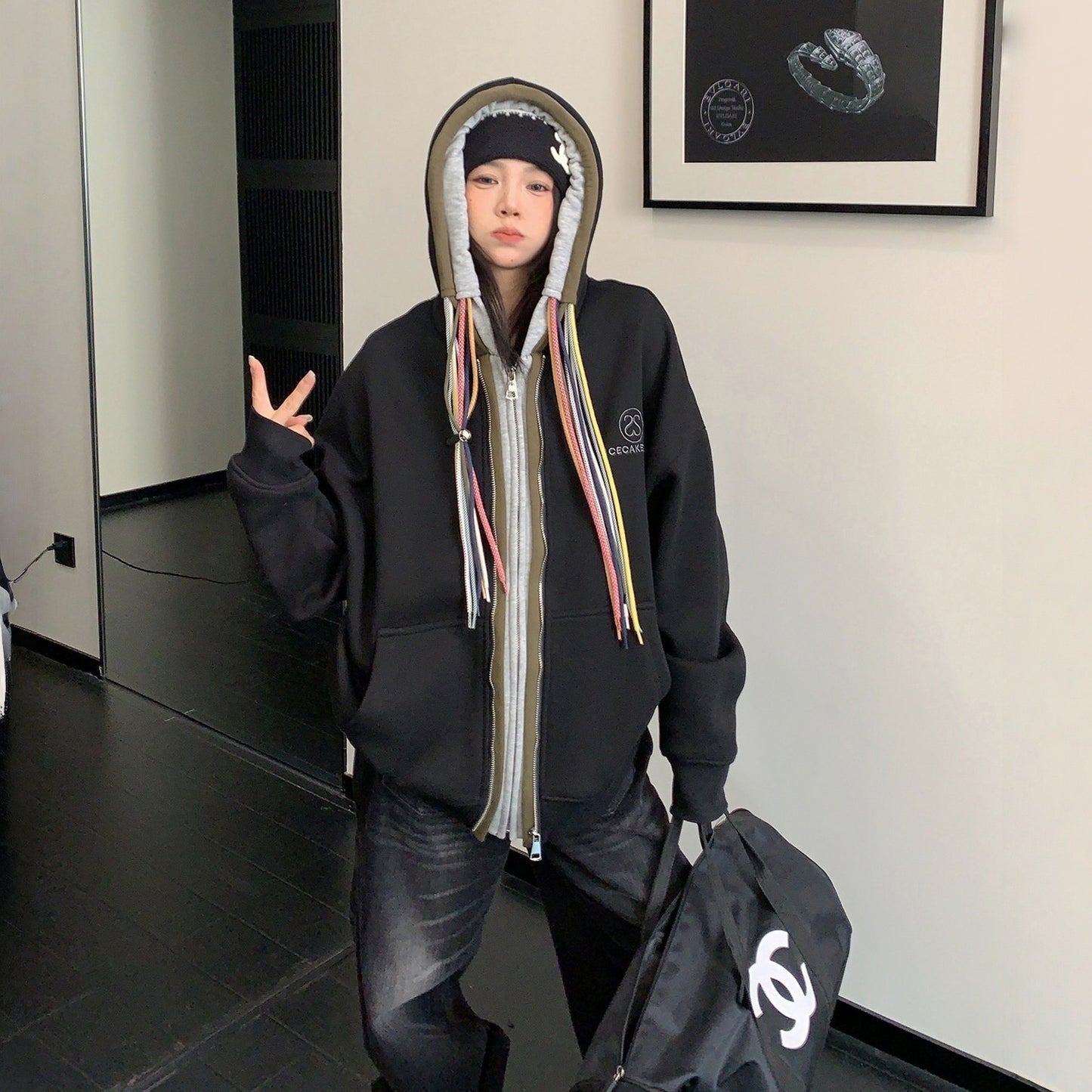 【アウター】カラフル ドローコード レイヤード風 フード付き ジャケット【FCシリーズ】