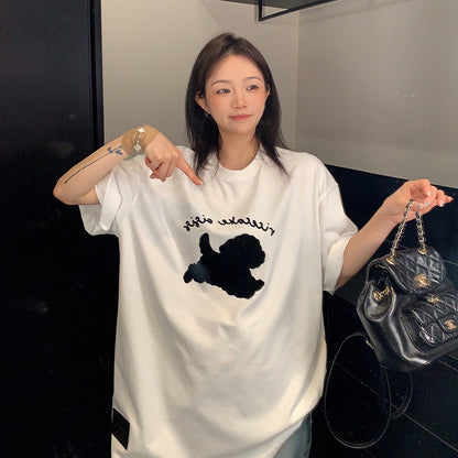 【トップス】ヴィンテージ風 カートゥーンフロッキープリントTシャツ レディース 夏 シンプル ルーズ 半袖【FCシリーズ】