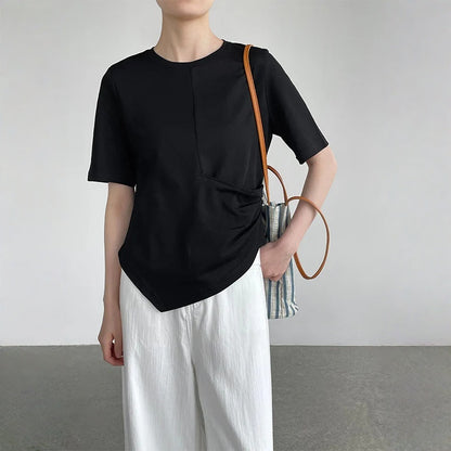 【トップス】ゆったり 細見え ボタン付き ラウンドネック 半袖 Ｔシャツ 【JZシリーズ】