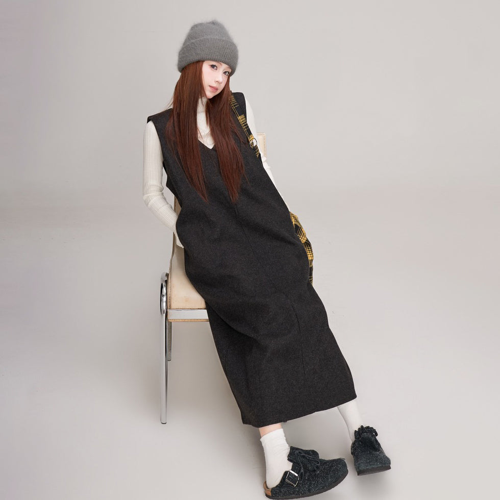 【ワンピース】ウール レディース 秋冬 ゆったりVネック 後ろスリット入り 体型カバー ノースリーブワンピース【JZシリーズ】