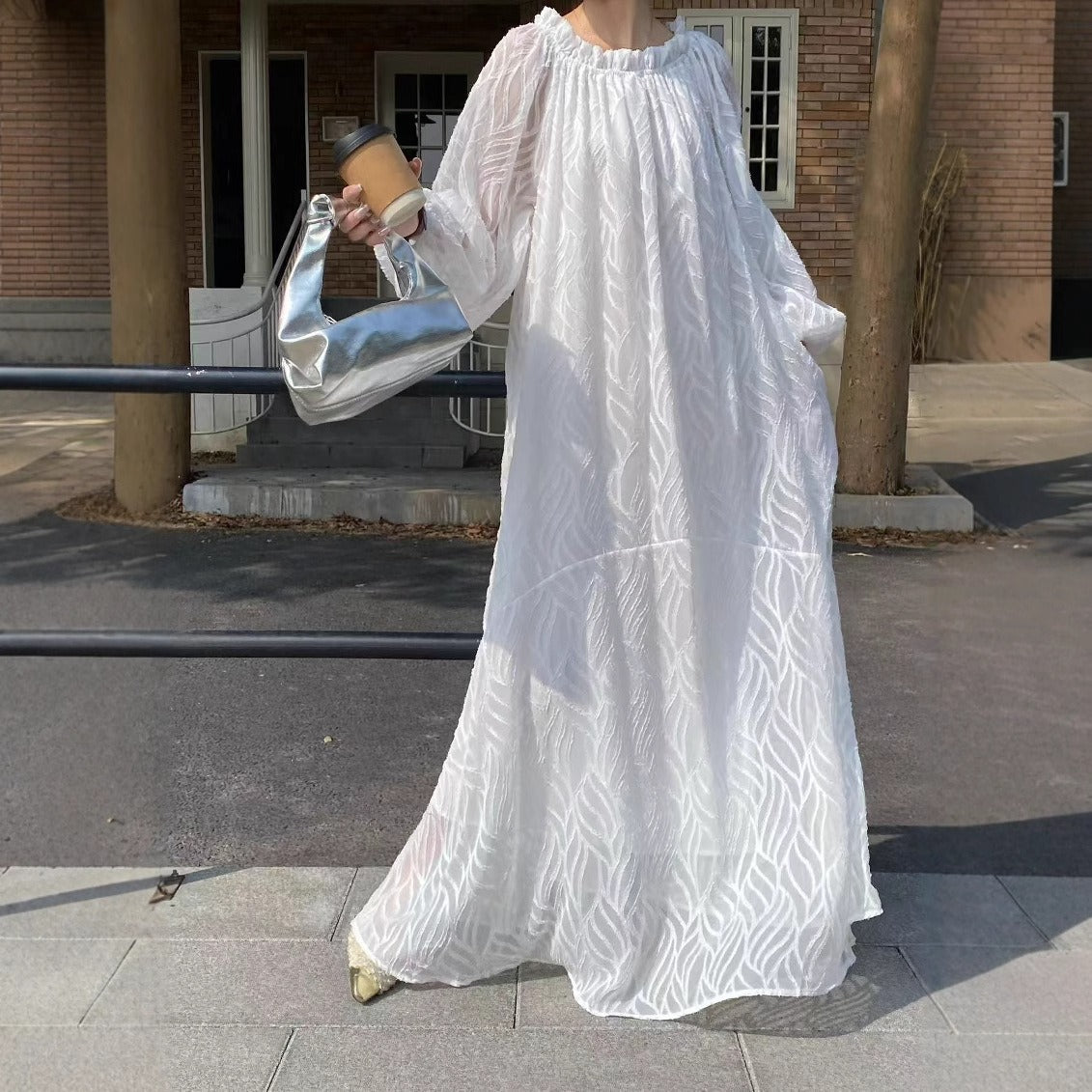 [洋裝] 韓版春夏露肩圓領2way寬鬆長袖連身裙