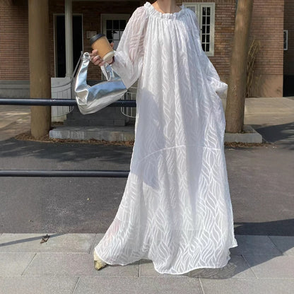 [洋裝] 韓版春夏露肩圓領2way寬鬆長袖連身裙