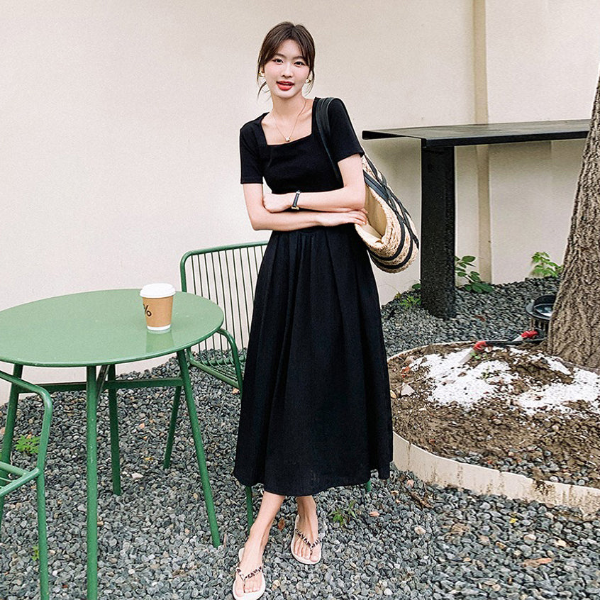 【ワンピース】こなれ感満点 半袖ワンピース スリム見え◎大人上品な黒ワンピ【JZシリーズ】