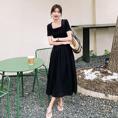 【ワンピース】こなれ感満点 半袖ワンピース スリム見え◎大人上品な黒ワンピ【JZシリーズ】