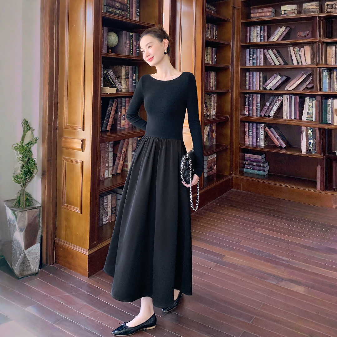 【ワンピース】春 秋 冬 ボートネック  切り替え 高級感 長袖 ワンピース【JZシリーズ】