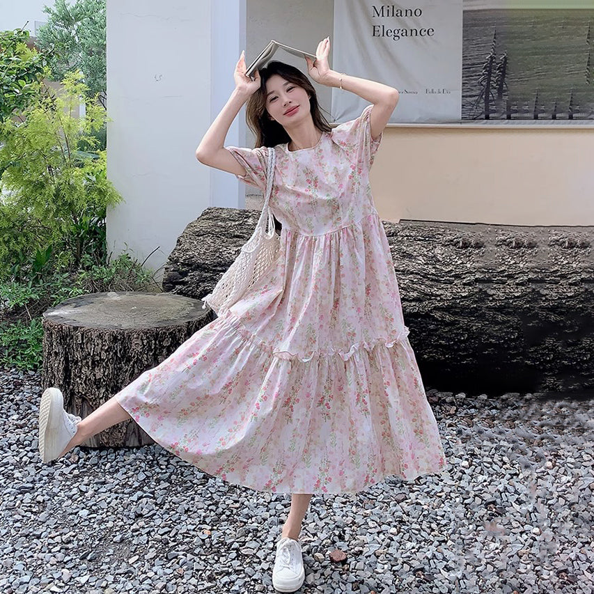 【ワンピース】夏 フレンチカントリー風 ラウンドネック パフスリーブ フラワープリント 半袖ワンピース【SHシリーズ】