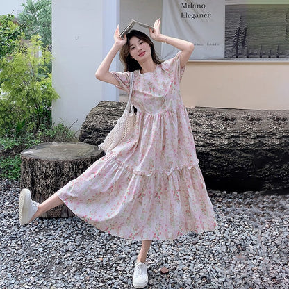 【ワンピース】夏 フレンチカントリー風 ラウンドネック パフスリーブ フラワープリント 半袖ワンピース【SHシリーズ】