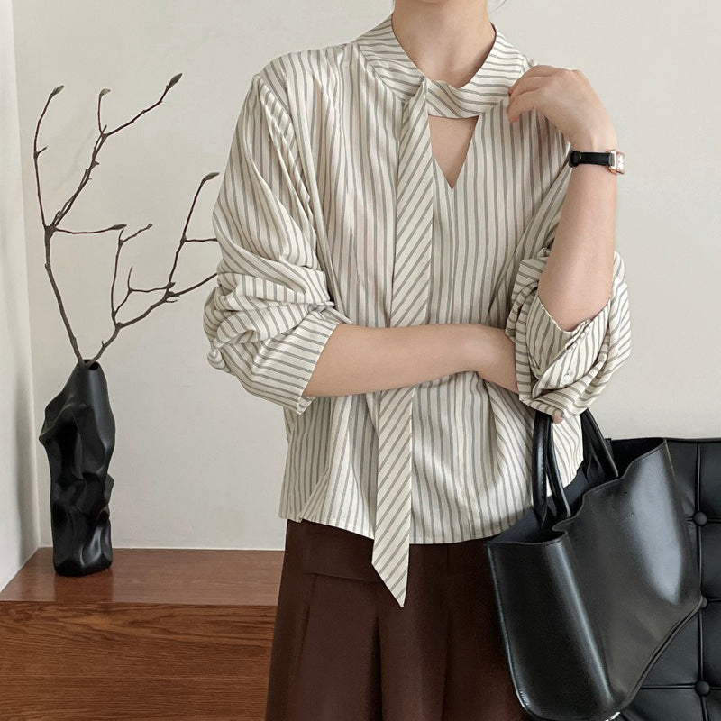 【トップス】韓国系上品デザイン ストライプ柄ボウタイシャツ 長袖シャツ【JZシリーズ】