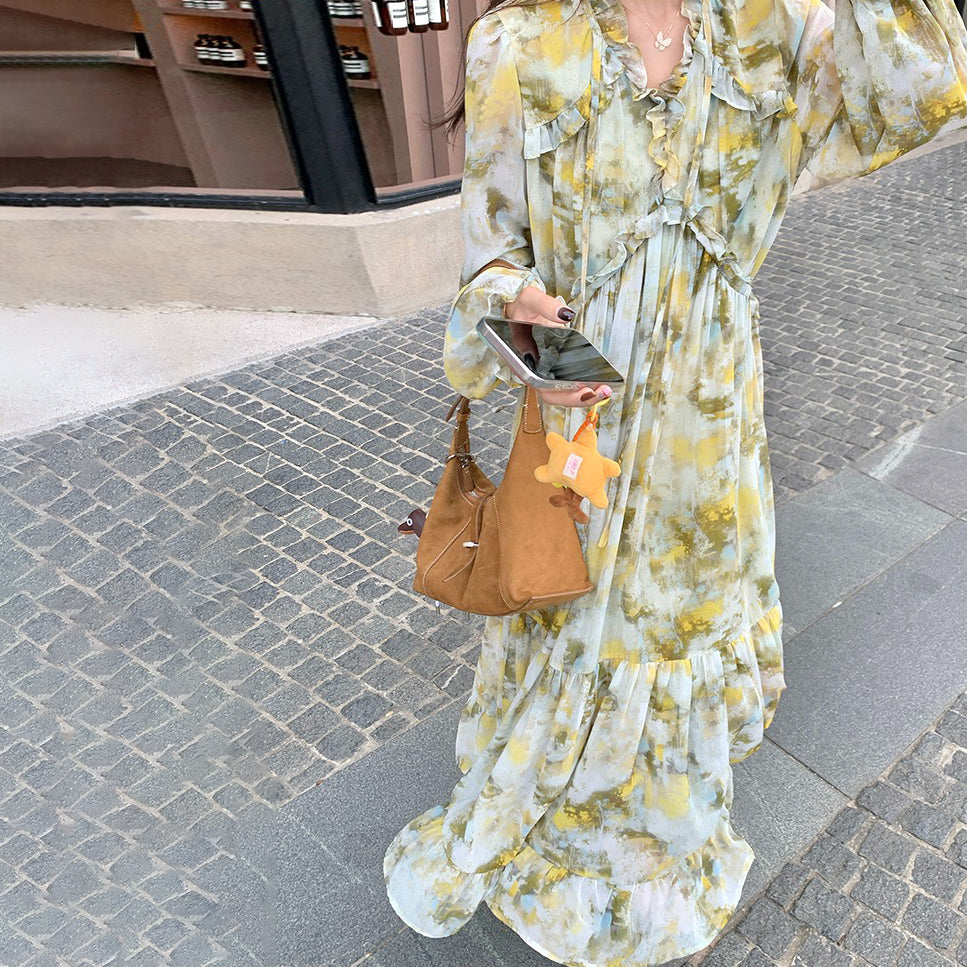 【ワンピース】フレンチ若見え フリル 花柄長袖ワンピース レディース 春秋 個性的で可愛い 大人気 超おしゃれ【SHシリーズ】