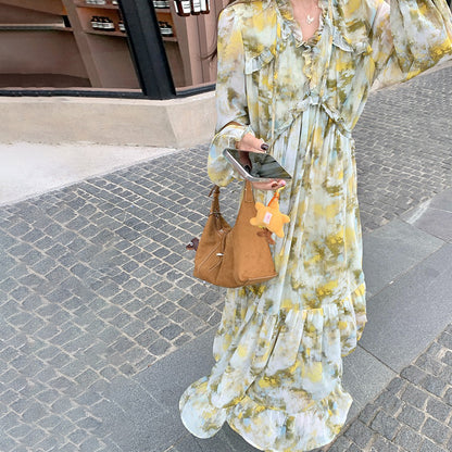 【ワンピース】フレンチ若見え フリル 花柄長袖ワンピース レディース 春秋 個性的で可愛い 大人気 超おしゃれ【SHシリーズ】