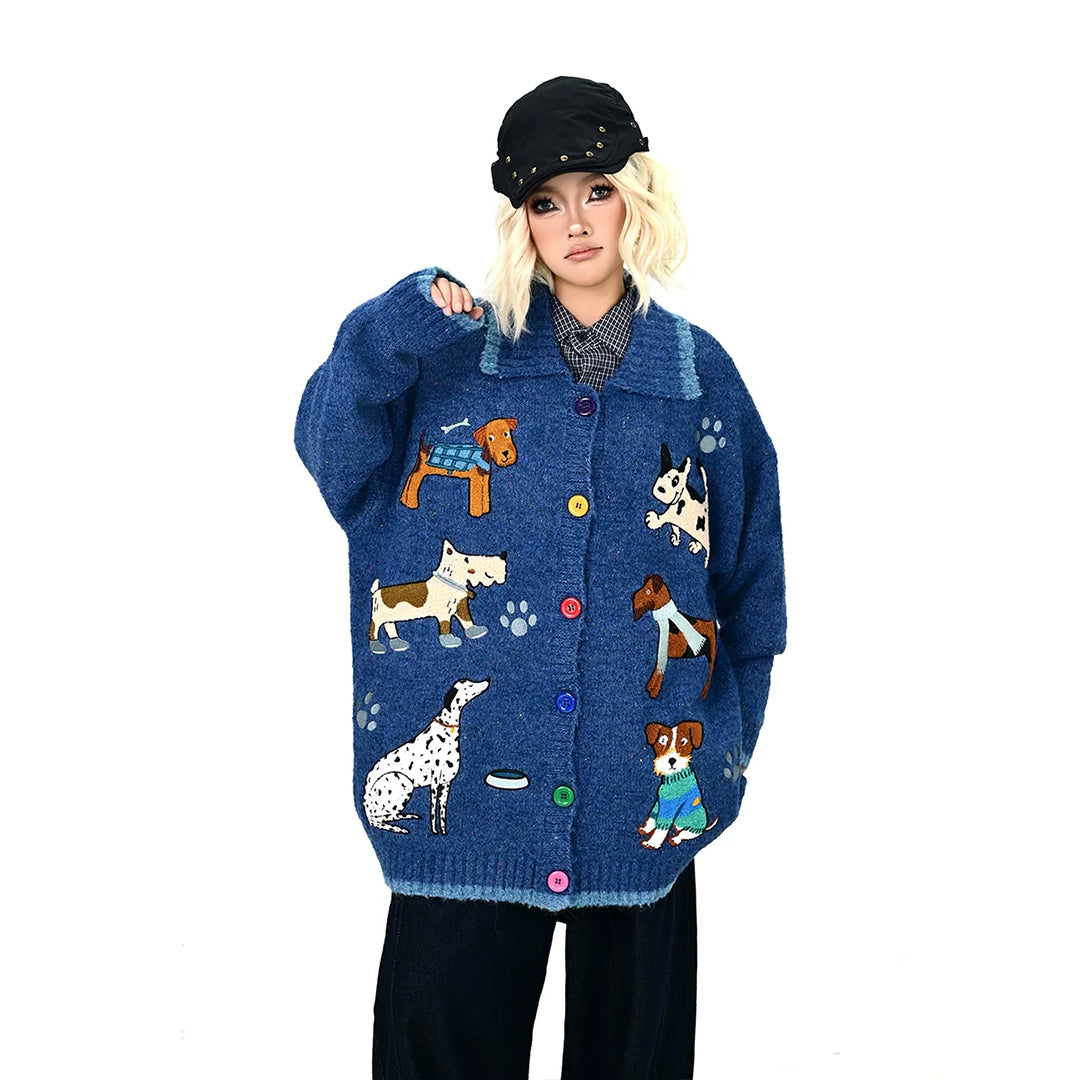 【アウター】子犬 刺繍 セーター ゆったりくつろぎ感 カーディガン【FCシリーズ】