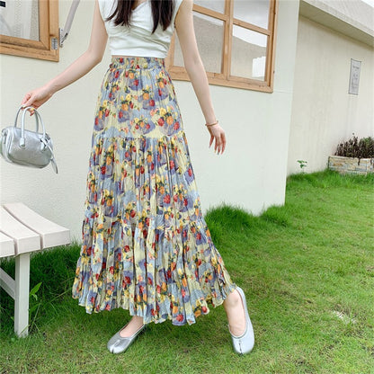 【ボトムス】上品 花柄プリーツスカート ロング丈 Aライン 体型カバー 夏 美シルエットで即細見え【SHシリーズ】