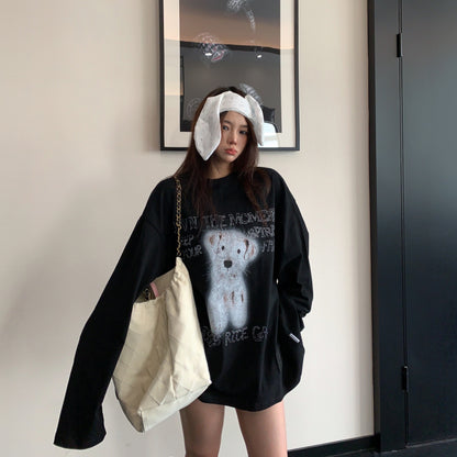 【トップス】ヴィンテージ加工 カートゥーンプリント ゆったり 長袖Tシャツ 【FCシリーズ】