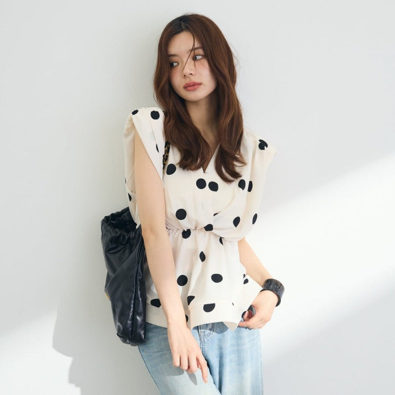 【トップス】ストライプ風 Vネック ノースリーブ ドット柄 ウエストマーク Tシャツ レディース きれいめ 若見え こなれ感【JZシリーズ】