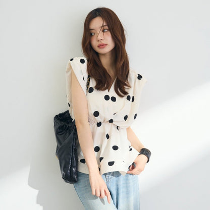 【トップス】ストライプ風 Vネック ノースリーブ ドット柄 ウエストマーク Tシャツ レディース きれいめ 若見え こなれ感【JZシリーズ】