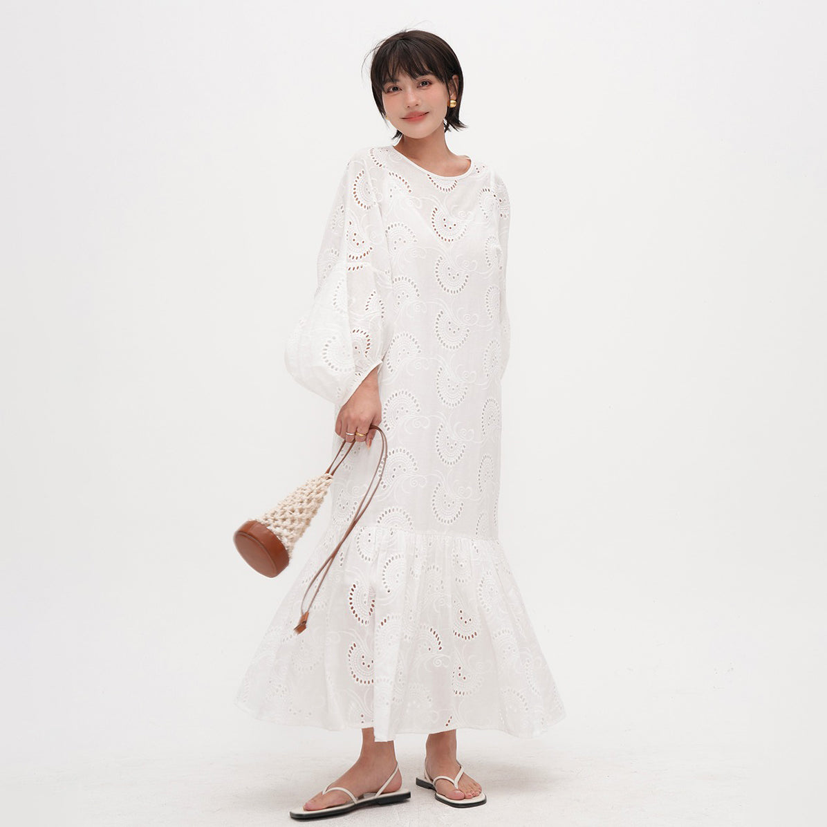 【ワンピース】ラウンドネック 長袖ワンピース レディース ゆったりスリム見え 刺繍入り フィッシュテール ロングドレス 上品なティータイムスタイル【JZシリーズ】