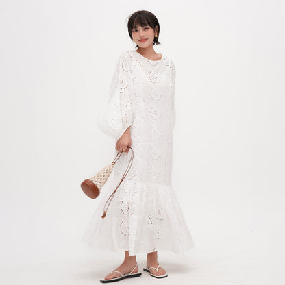 【ワンピース】ラウンドネック 長袖ワンピース レディース ゆったりスリム見え 刺繍入り フィッシュテール ロングドレス 上品なティータイムスタイル【JZシリーズ】