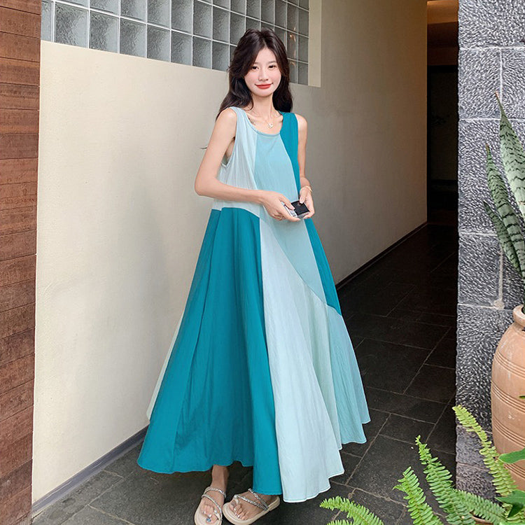 【ワンピース】夏新作 デザイナーズ風 上品 ノースリーブワンピース ハイウエスト 高見え配色 着痩せシルエット【SHシリーズ】