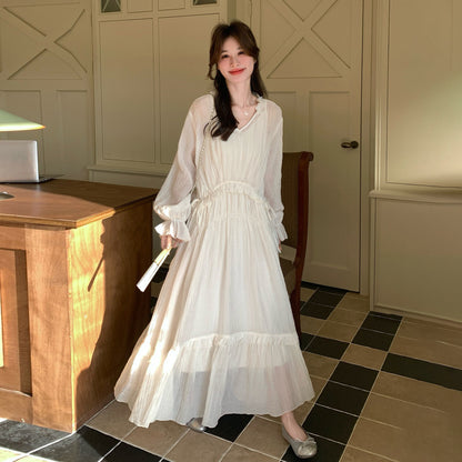 【ワンピース】大人可愛い パフスリーブ ロングワンピース 着痩せシルエットで、特別な日のデートや旅行に馴染む上品な一枚。【JZシリーズ】