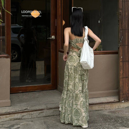 【ワンピース】【大人可愛い】フレンチ ノースリーブ キャミワンピース｜海辺 リゾート バカンス ロング丈｜上品 高級感 ビーチドレス【SHシリーズ】