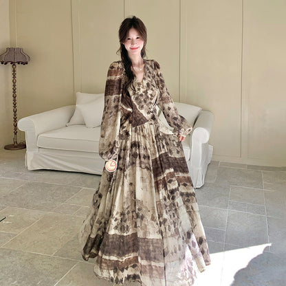 【ワンピース】メラード調 ハイセンス 花柄 長袖ワンピース レディース 春秋 フレンチエレガント 民族調プリント マキシ丈【SHシリーズ】