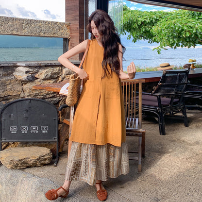 2点セット！【セットアップ】リラックス レディース 夏 ノースリーブトップス 花柄ロングスカート 上下セット【SHシリーズ】