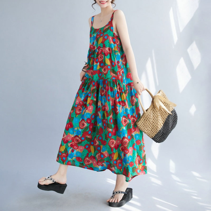 【ワンピース】体型カバー 花柄キャミワンピース｜ゆったり大きめサイズ ヴィンテージ風ロングノースリーブワンピース【SHシリーズ】