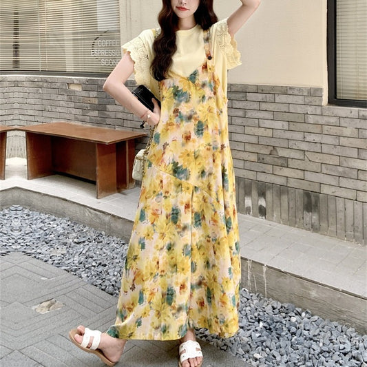 【ボトムス】フレンチ風 イエローフラワープリント オールインワン 【SHシリーズ】