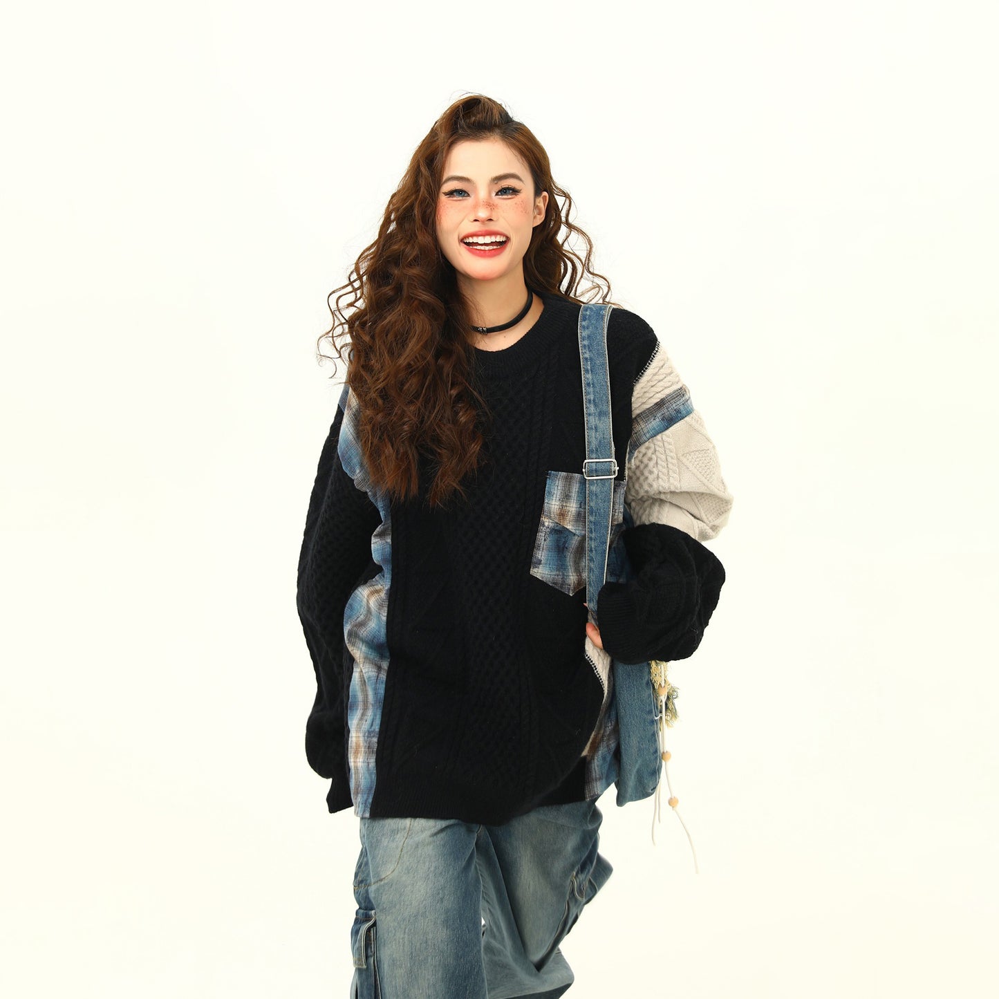 【トップス】ストリート感漂う配色ニット✨秋冬新作 ゆったりシルエットでこなれ感アップ ケーブル編み おしゃれ セーター【FCシリーズ】