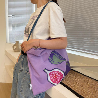 【バッグ】手描きイチジク柄キャンバスバッグ レディース パープル レトロ 大容量ショルダーバッグ
