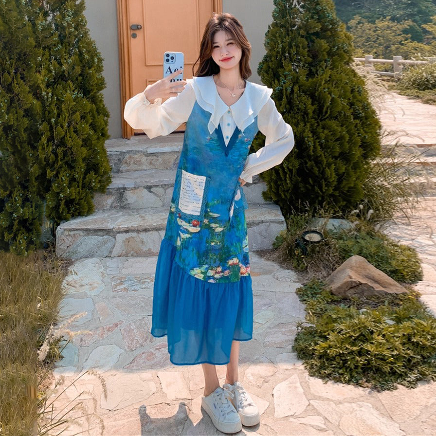 【ワンピース】スイート 花柄 チェック 切り替え 長袖ワンピース レディース 春秋 細見え 可愛い マーメイドワンピース【シリーズ】