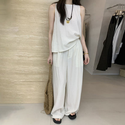 2点セット【セットアップ】夏 シンプル 通勤 タンクトップ＋テンセル ワイドレッグパンツ 上下セットアップ【SNシリーズ】