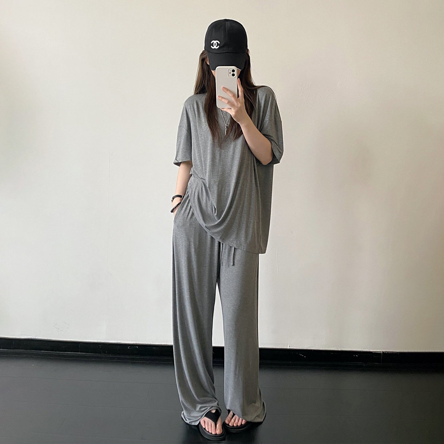 【セットアップ】【単品注文】テンセル素材 半袖Tシャツ＋ワイドパンツ 上下セット ゆったり ルーズフィット リラックス カジュアル ママコーデ 春夏【FCシリーズ】