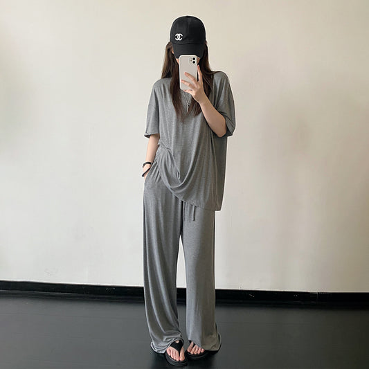 【セットアップ】【単品注文】テンセル素材 半袖Tシャツ＋ワイドパンツ 上下セット ゆったり ルーズフィット リラックス カジュアル ママコーデ 春夏【FCシリーズ】