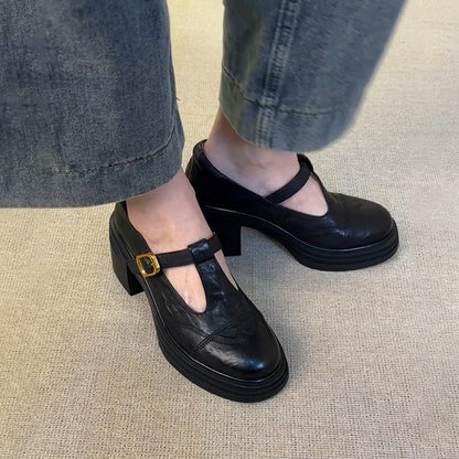 【シューズ】厚底チャンキーヒール  ヴィンテージ レディース シューズ ローファー 丸トゥパンプス メリージェーンシューズ