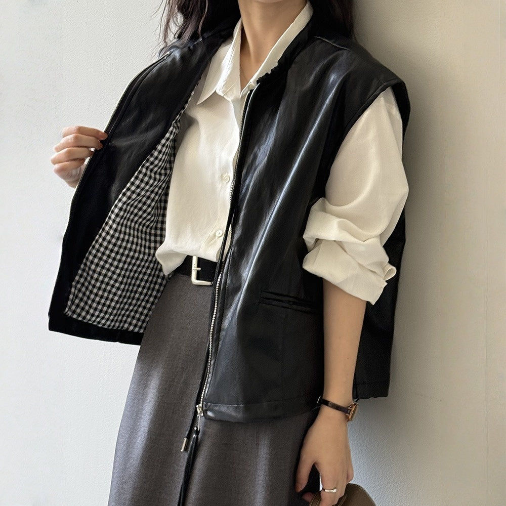 【トップス】春 秋 冬 秋新作 フレンチ デザイン ノースリーブ レザーベスト 【JZシリーズ】