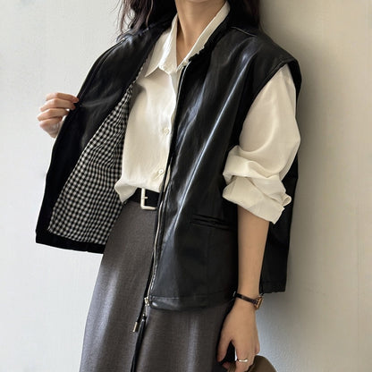 【トップス】春 秋 冬 秋新作 フレンチ デザイン ノースリーブ レザーベスト 【JZシリーズ】