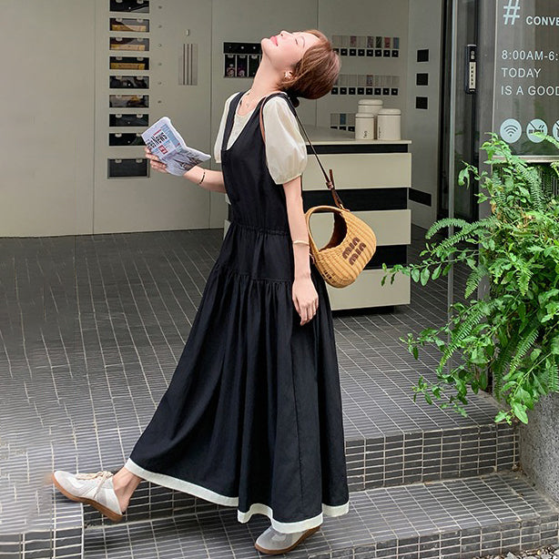 2点セット！【セットアップ】夏人気 若見えコーデ サロペットワンピース＋トップス 2点セット レディース フレンチ風 上品ロング丈セットアップ【JZシリーズ】