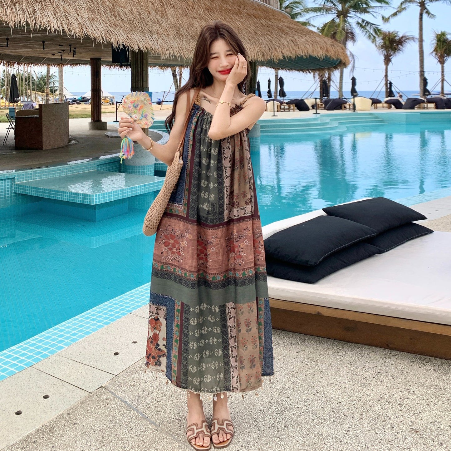 【ワンピース】リゾート ワンピース エスニック プリント ノースリーブ ロング丈 大きいサイズ 体型カバー 着痩せ おしゃれ【SHシリーズ】