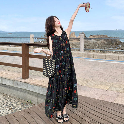 【ワンピース】刺繍プリント ビーチ ノースリーブタンクワンピース【SHシリーズ】