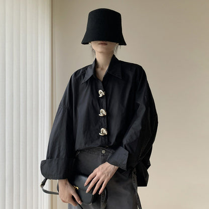 【トップス】ヨーロッパ風 オーバーサイズ ヒップカバー シャツ 高級感 メタルボタンブラウス レディース【JZシリーズ】
