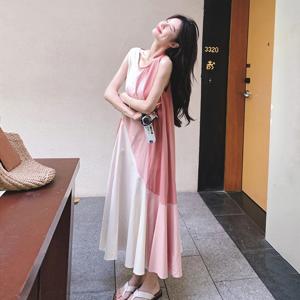 【ワンピース】フレンチエレガンス デザイン性高め リゾート風 夏新作 切り替えノースリーブワンピース【SHシリーズ】