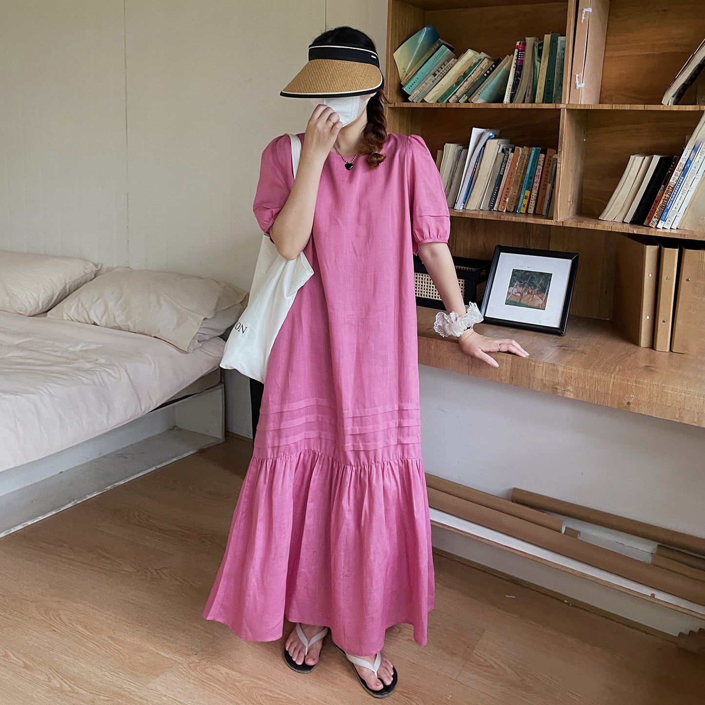 【ワンピース】リネン 夏 リネンライク 半袖ロングワンピース ゆったりシルエットで体型カバー＆涼やか美人見え✨【JZシリーズ】