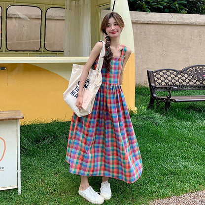 【ワンピース】夏 ドーパミンカラー チェック 高級感 シェイプアップ リゾート風 ノースリーブワンピース【SHシリーズ】