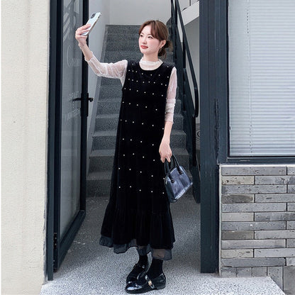 【セットアップ】優しい雰囲気 インナートップス＋ドット柄  キャミワンピースセット レディース 春秋【JZシリーズ】