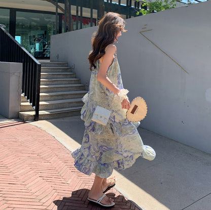 【ワンピース】フレンチロマンティック 油絵風 ノースリーブキャミワンピース 夏 ビーチリゾートドレス【SHシリーズ】