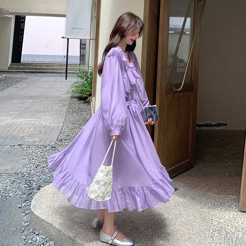 ワンピース】パープル 超可愛い フリル 長袖ワンピース レディース 秋