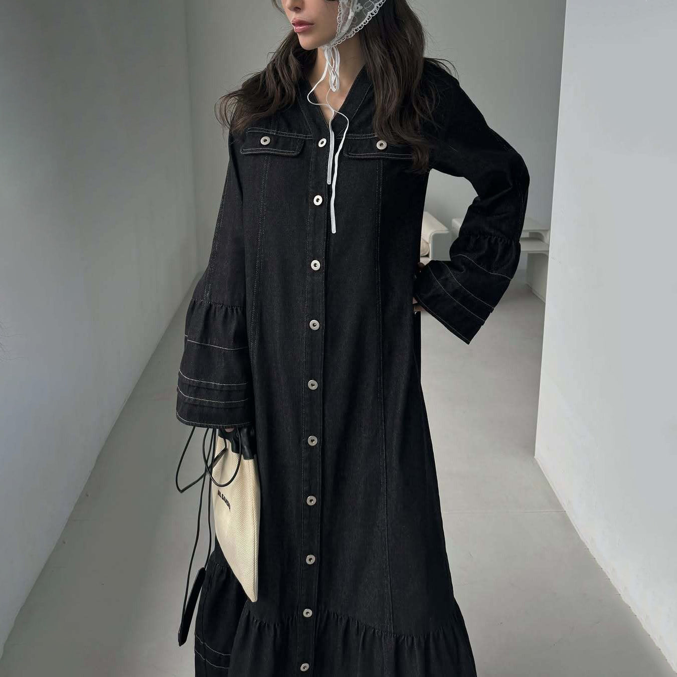 【ワンピース】日系 春夏 アメリカンレトロ オールドマネー風 デザインデニムワンピース レディース ゆったり カジュアル 長袖ワンピース【JZシリーズ】