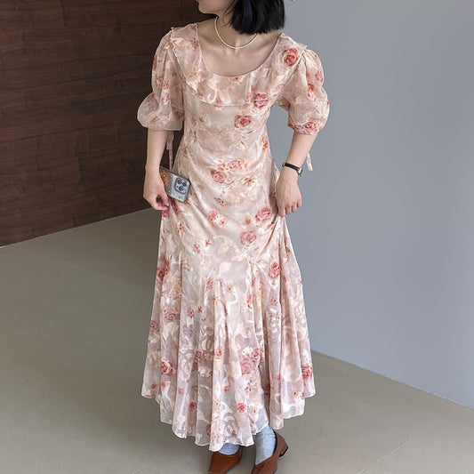 【ワンピース】フランス風 立体花柄 フリル付き 夏 ランプスリーブ フィッシュテール 半袖ワンピース【JZシリーズ】【SHシリーズ】