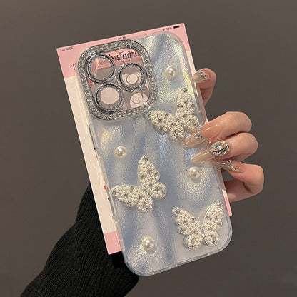 【グッズ】iPhone 16 Pro Max / 15 Pro / 14 Plus / 13 / 12 Pro / 11 用 高級感 ラグジュアリー 新作 立体パール 蝶モチーフ キラキラ ミラーケース レディース スマホカバー